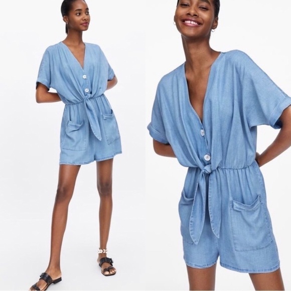 ZARA Denim Chambray Tie Front Short Sleeve Romper Sz S - Picture 1 of 6